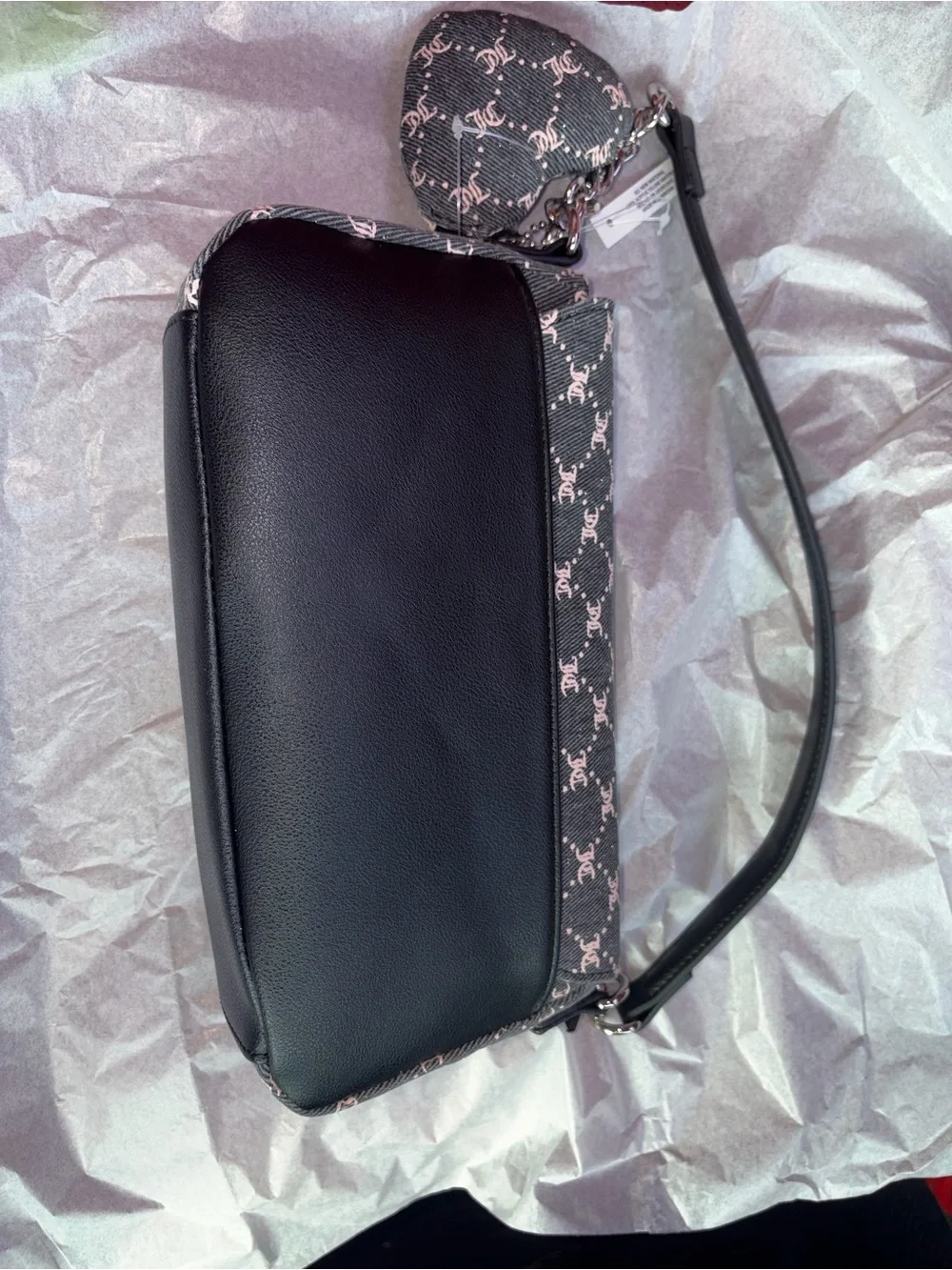 Juicy Couture Black and White Monogram Crossbody Bag with Chain Strap